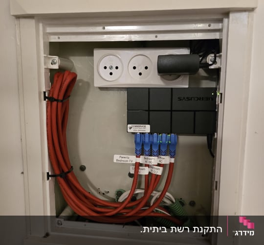 ארון תקשורת ביתי מותקן ומסודר עם מתג רשת וכבלים מסומנים לפי חדרים